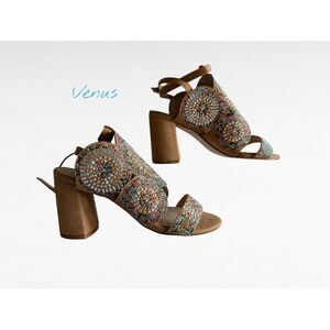 Venus Embellished Block Heels Beaded Ankle Strap Boho Sandals  Sz 6